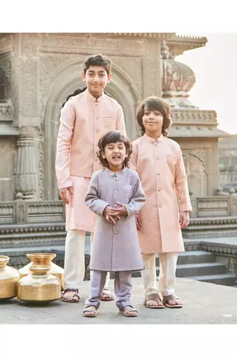 Thread Sequins Work Slub Silk Achkan And Pajama Set