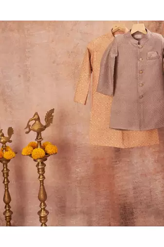 Thread Sequins Work Slub Silk Achkan And Pajama Set