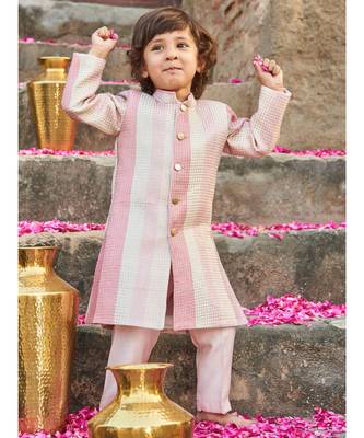 Thread Sequins Work Slub Silk Achkan And Bottom Set 1