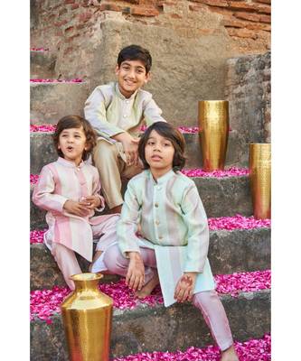 Thread Sequins Work Slub Silk Achkan And Bottom Set 4