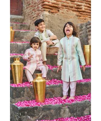 Thread Sequins Work Slub Silk Achkan And Bottom Set 5