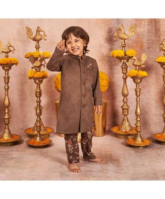 Suede Achkan With Floral Print Pajama 1
