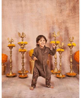 Suede Achkan With Floral Print Pajama 2