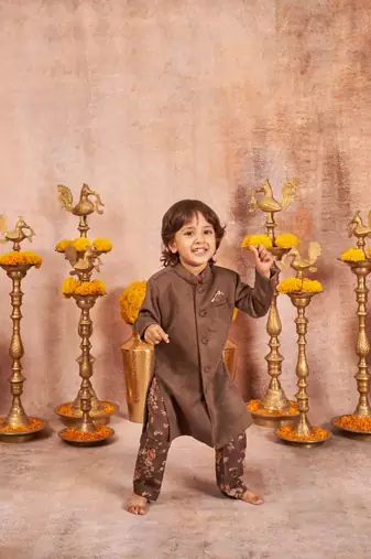 Suede Achkan With Floral Print Pajama