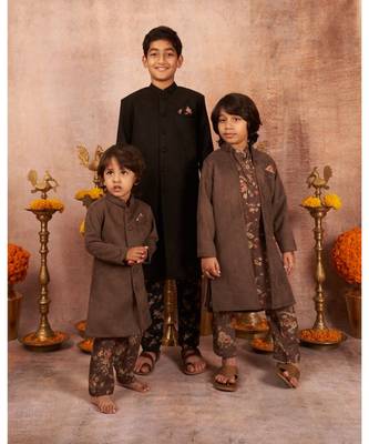 Suede Achkan With Floral Print Pajama 3