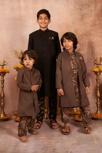 Suede Achkan With Floral Print Pajama