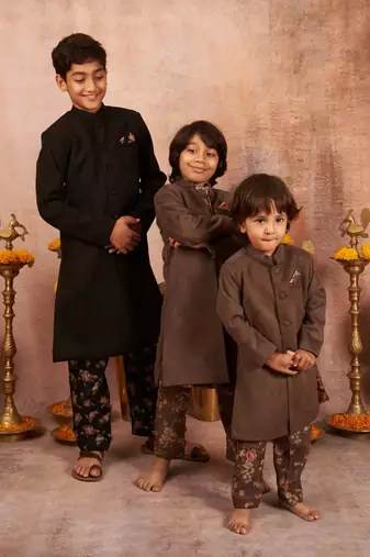 Suede Achkan With Floral Print Pajama