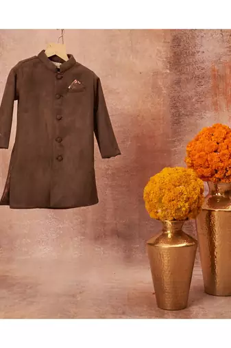 Suede Achkan With Floral Print Pajama