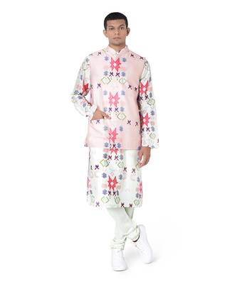 Pink Colour Printed Dupion Silk Bandi with White Colour Printed Silkmul Kurta and Off White Colour Cotton Silk Churidar 1