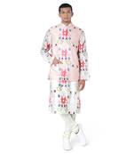 Pink Colour Printed Dupion Silk Bandi with White Colour Printed Silkmul Kurta and Off White Colour Cotton Silk Churidar