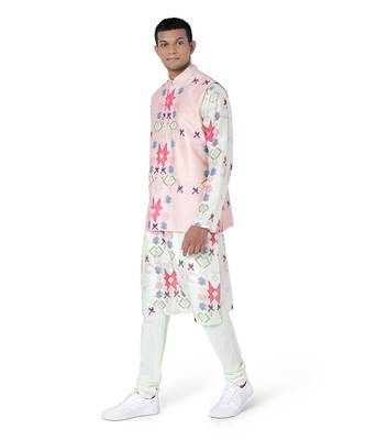 Pink Colour Printed Dupion Silk Bandi with White Colour Printed Silkmul Kurta and Off White Colour Cotton Silk Churidar 2