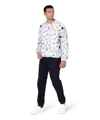 PS Men by Payal Singhal Grey Colour Printed Art Crepe Oversized Top with Black Colour Denim Jogger Pant 1