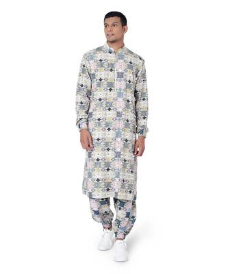 PS Men by Payal Singhal Green Colour Printed Cotton Rayon Kurta with Jogger Pant 1