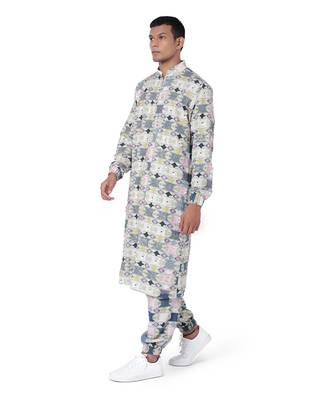 PS Men by Payal Singhal Green Colour Printed Cotton Rayon Kurta with Jogger Pant 2