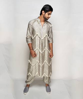 PS Men by Payal Singhal Aalim Grey Colour Banarasi Silk Bomber Kurta with Jogger Pants 1