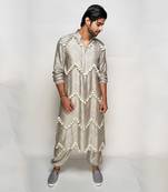 PS Men by Payal Singhal Aalim Grey Colour Banarasi Silk Bomber Kurta with Jogger Pants