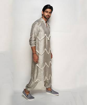 PS Men by Payal Singhal Aalim Grey Colour Banarasi Silk Bomber Kurta with Jogger Pants 2