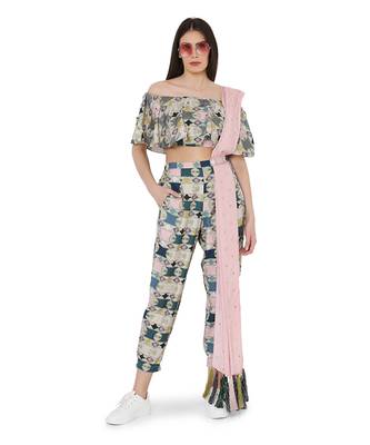 Green Colour Printed Cotton Rayon Off Shoulder Top with Jogger Pant and Rose Pink Colour Mukaish Abu Thai Dupatta 1