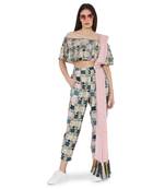 Green Colour Printed Cotton Rayon Off Shoulder Top with Jogger Pant and Rose Pink Colour Mukaish Abu Thai Dupatta