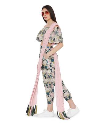 Green Colour Printed Cotton Rayon Off Shoulder Top with Jogger Pant and Rose Pink Colour Mukaish Abu Thai Dupatta 2