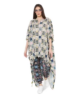Green Colour Printed Cotton Rayon Oversized High-Low Kaftan Top with Navy Colour Printed Cotton Rayon Jogger Pant 2