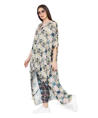 Green Colour Printed Cotton Rayon Oversized High-Low Kaftan Top with Navy Colour Printed Cotton Rayon Jogger Pant 3