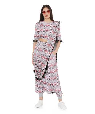 Grey Colour Printed Art Crepe Balloon Top and Low Crotch Pant with Attached Printed Art Georgette Drape Dupatta 1