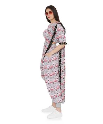 Grey Colour Printed Art Crepe Balloon Top and Low Crotch Pant with Attached Printed Art Georgette Drape Dupatta 2