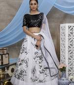 White & Black Multi Color Block Print With Sequins Embroidered Soft Organza Semi Stitched Bridal Lehenga Choli