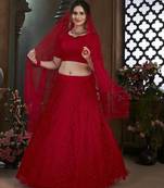 Red Thread Embroidered Net Semi Stitched Bridal Lehenga