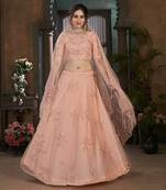 Peach Thread Embroidered Net Semi Stitched Wedding Lehenga