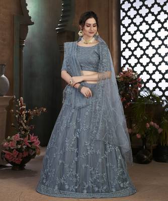 Grey Thread Embroidered Net Semi Stitched Bridal Lehenga 1