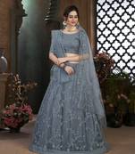 Grey Thread Embroidered Net Semi Stitched Bridal Lehenga