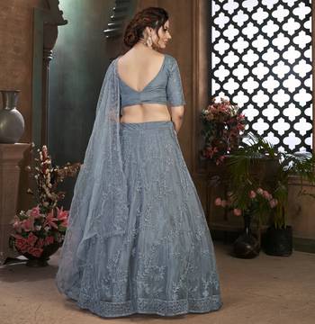 Grey Thread Embroidered Net Semi Stitched Bridal Lehenga 2