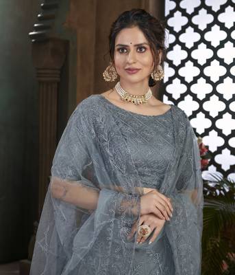 Grey Thread Embroidered Net Semi Stitched Bridal Lehenga 3