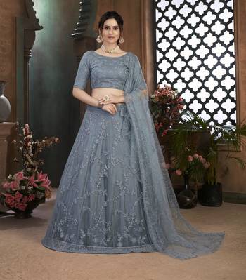 Grey Thread Embroidered Net Semi Stitched Bridal Lehenga 4