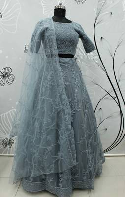 Grey Thread Embroidered Net Semi Stitched Bridal Lehenga 5
