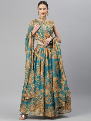 Stunning Teal Blue Organza Zari And Sequins Work Floral Wedding Lehenga Choli For Women 1