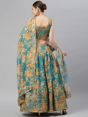 Stunning Teal Blue Organza Zari And Sequins Work Floral Wedding Lehenga Choli For Women 2