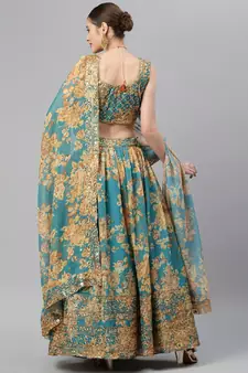 Stunning Teal Blue Organza Zari And Sequins Work Floral Wedding Lehenga Choli For Women