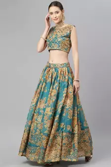 Stunning Teal Blue Organza Zari And Sequins Work Floral Wedding Lehenga Choli For Women