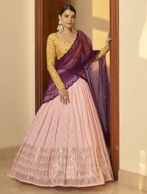 Pink Embellished Mukaish Work Georgette Semi Stitched Lehenga 1