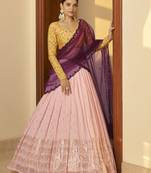 Pink Embellished Mukaish Work Georgette Semi Stitched Lehenga