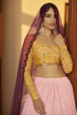 Pink Embellished Mukaish Work Georgette Semi Stitched Lehenga 2