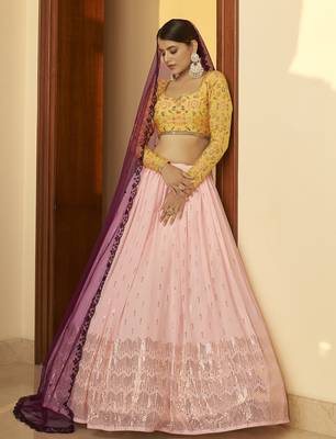 Pink Embellished Mukaish Work Georgette Semi Stitched Lehenga 3