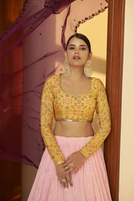 Pink Embellished Mukaish Work Georgette Semi Stitched Lehenga 4