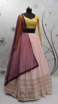 Pink Embellished Mukaish Work Georgette Semi Stitched Lehenga 5