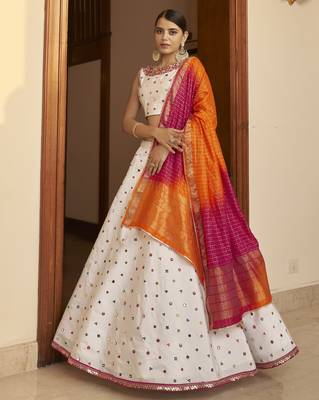 White Thread With Sequance Embroidered With Mirror Work Art Silk Semi Stitched Lehenga 1