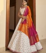 White Thread With Sequance Embroidered With Mirror Work Art Silk Semi Stitched Lehenga