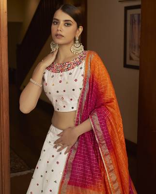 White Thread With Sequance Embroidered With Mirror Work Art Silk Semi Stitched Lehenga 2